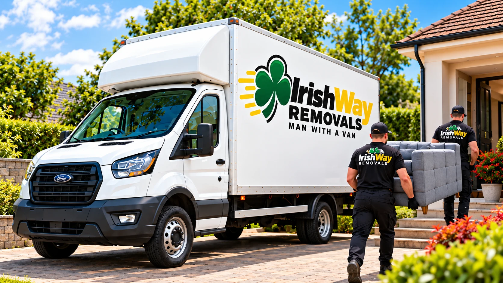 Two IrishWay movers carrying a grey sofa beside a white Ford Transit Luton truck with IrishWay Removals branding